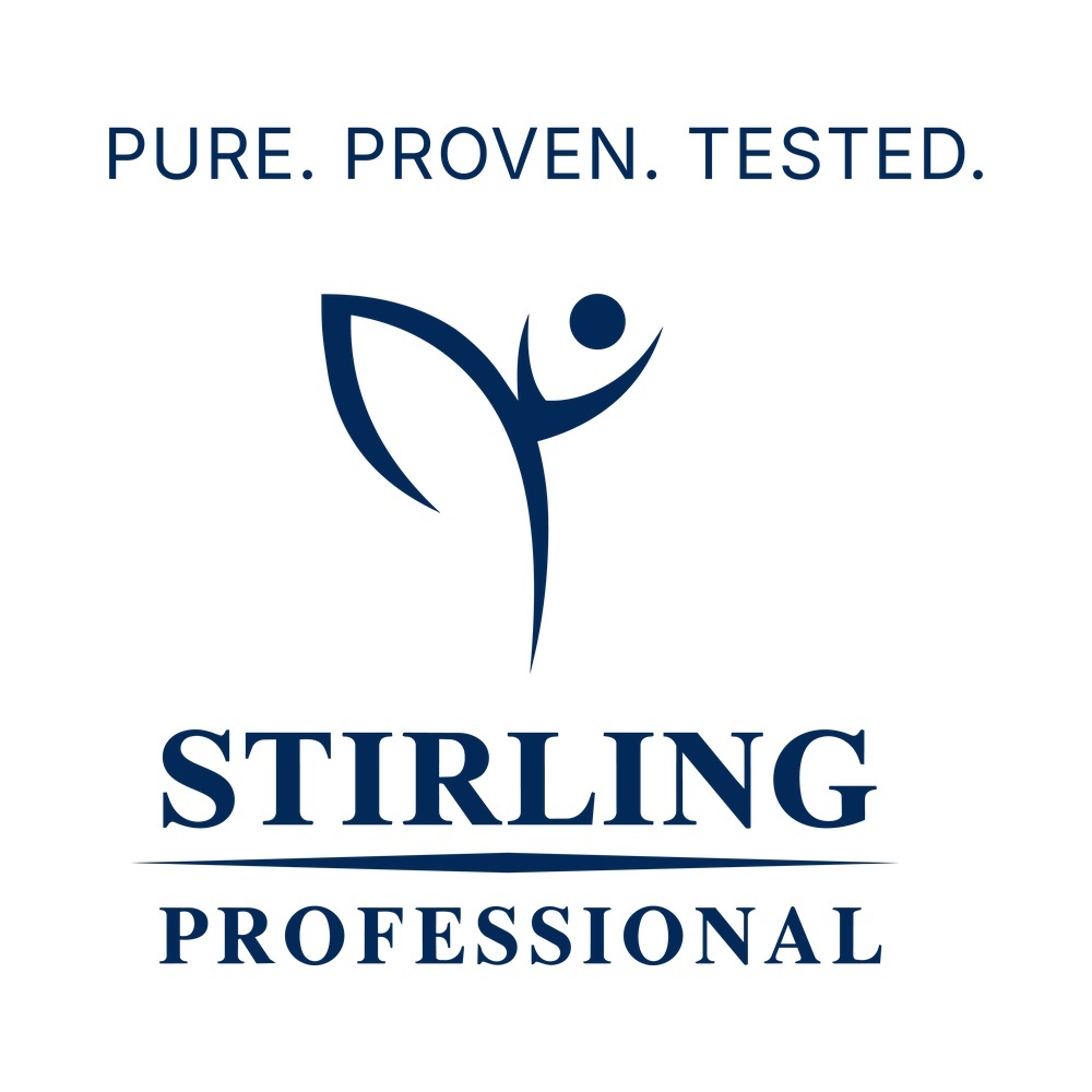 Stirling Professional logo with a blue abstract human figure and the tagline 'PURE. PROVEN. TESTED.' above the brand name.