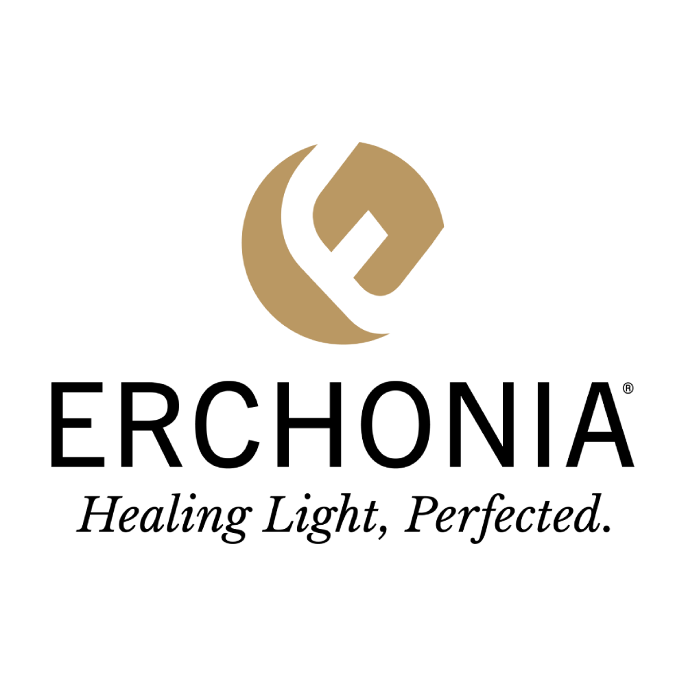 Erchonia logo: gold circular emblem above the bold ERCHONIA wordmark with the tagline "Healing Light, Perfected."