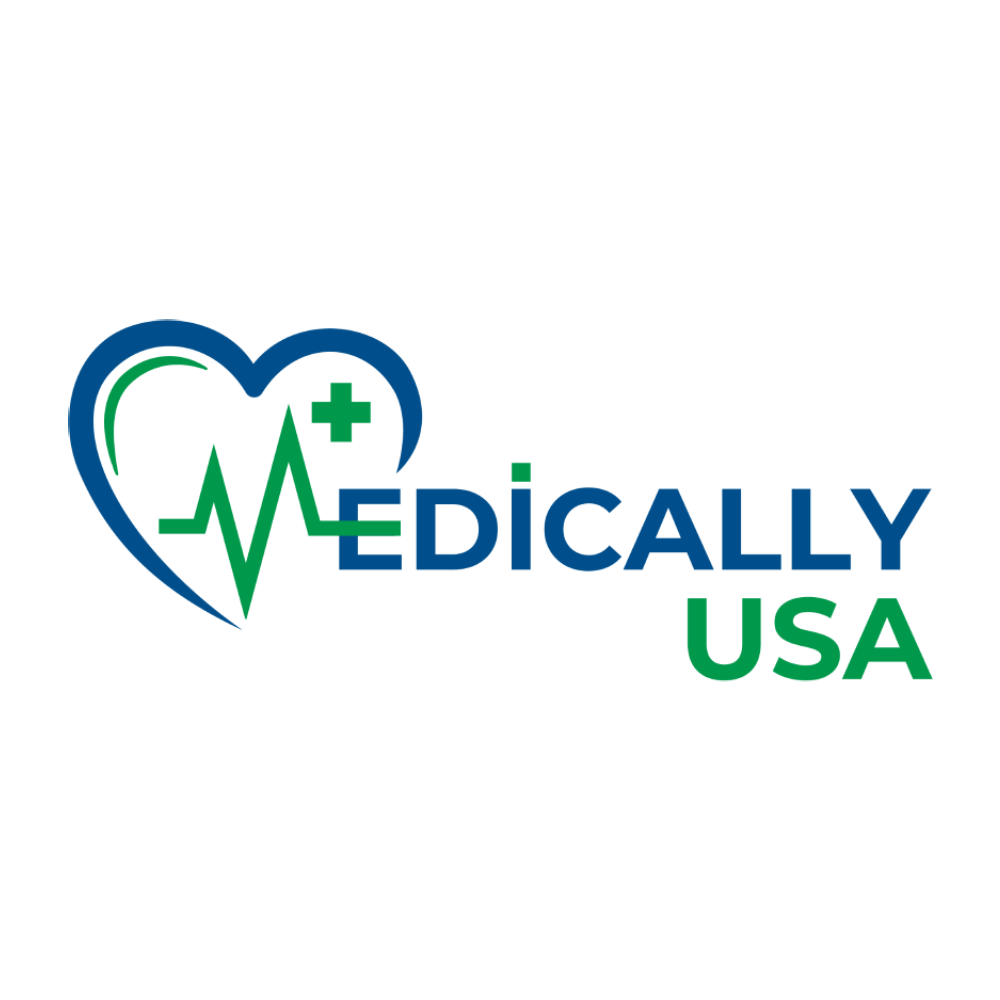 Logo showing a blue heart outline with a green ECG line and medical cross, followed by the text 'MEDICALLY USA' in blue and green.