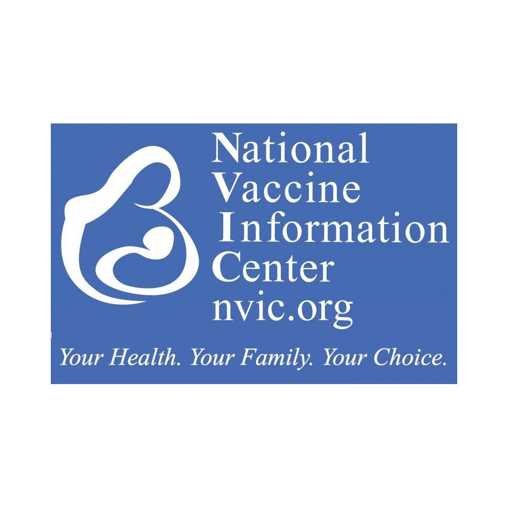 Blue rectangle logo for National Vaccine Information Center (NVIC.org) with a white abstract baby and loop design; includes the slogan 'Your Health. Your Family. Your Choice.'