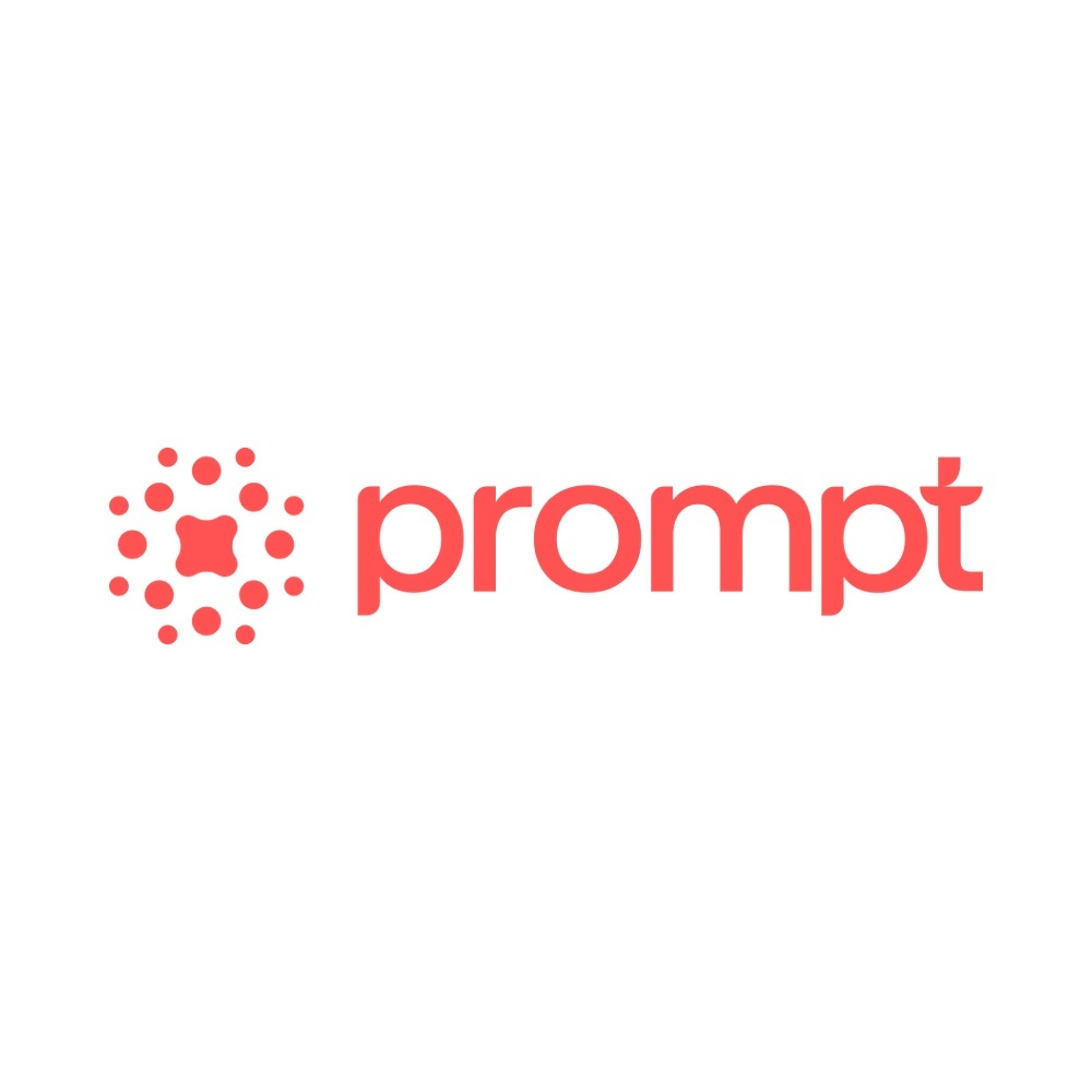 Prompt logo: coral wordmark with a circular dotted emblem to the left.