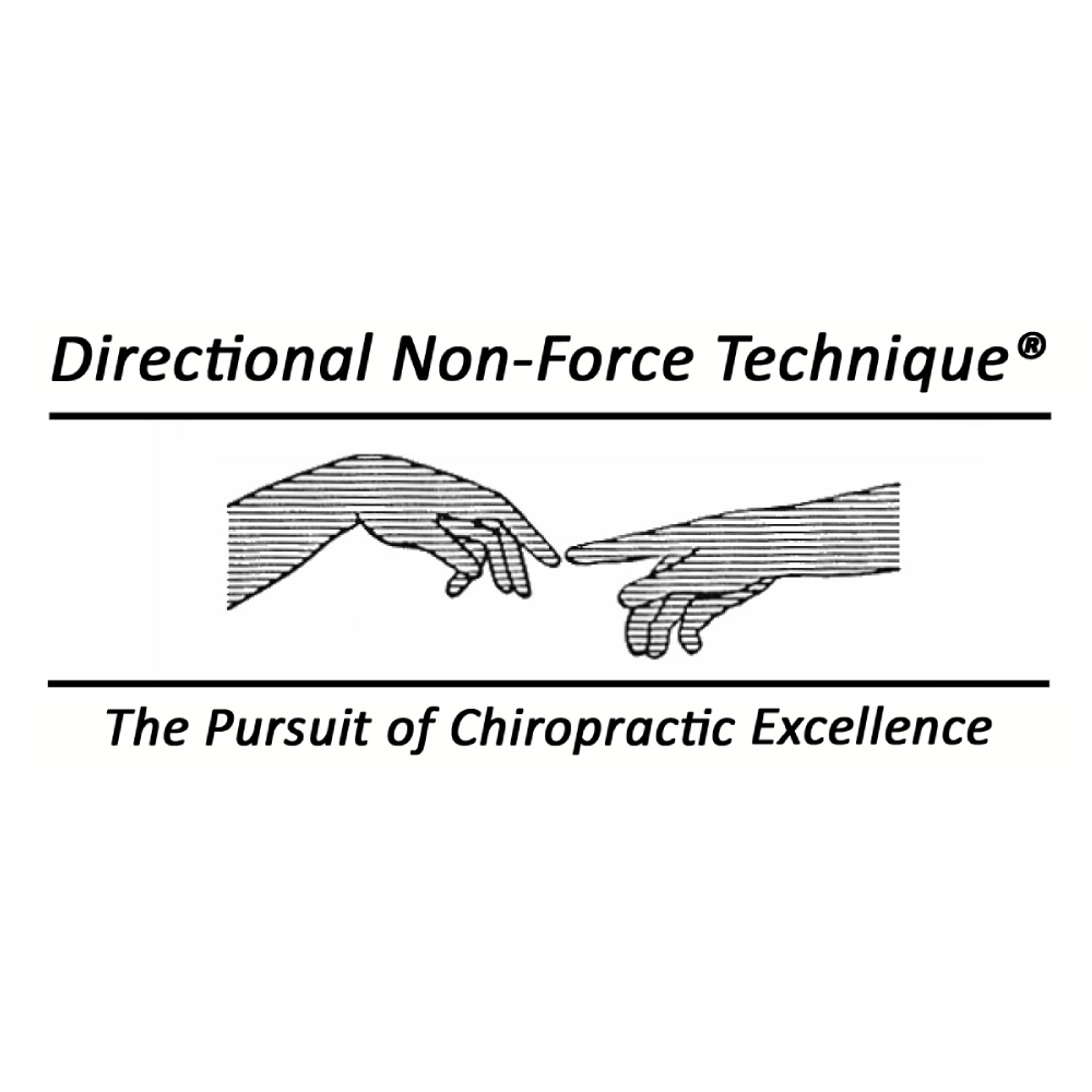 Directional Non-Force Technique logo with two hands reaching toward each other and the slogan 'The Pursuit of Chiropractic Excellence'.