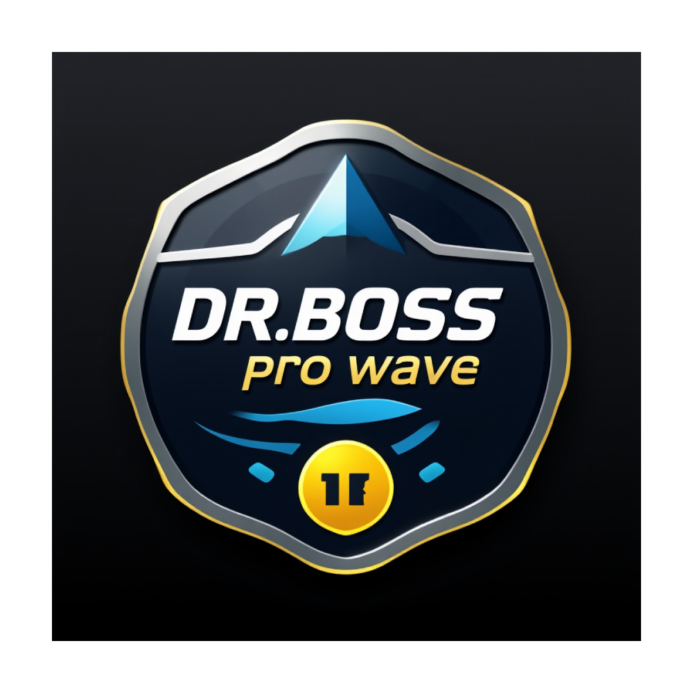Badge-style logo reading DR. BOSS, pro wave, with blue arrow motif and a yellow circle showing 11 on a dark gradient background